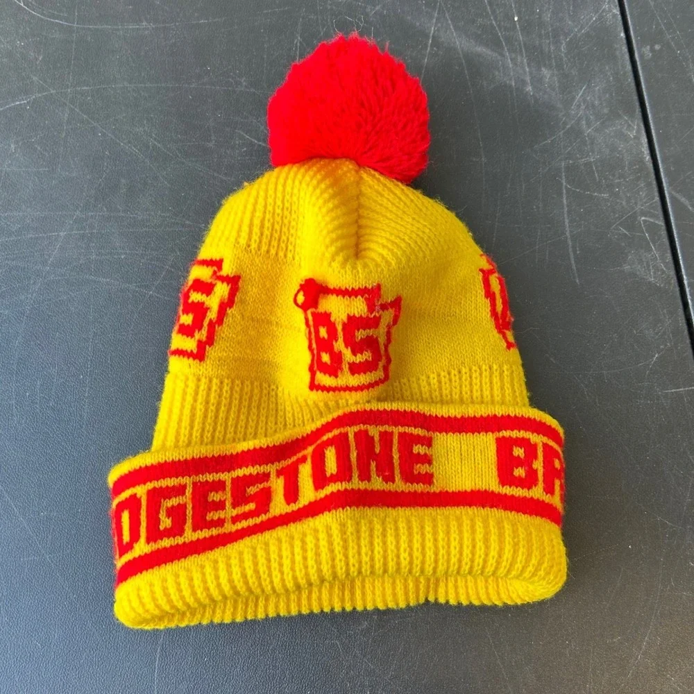 Vintage Bridgestone Beanie Hat Yellow Red Pom Pom Knit Winter Ski